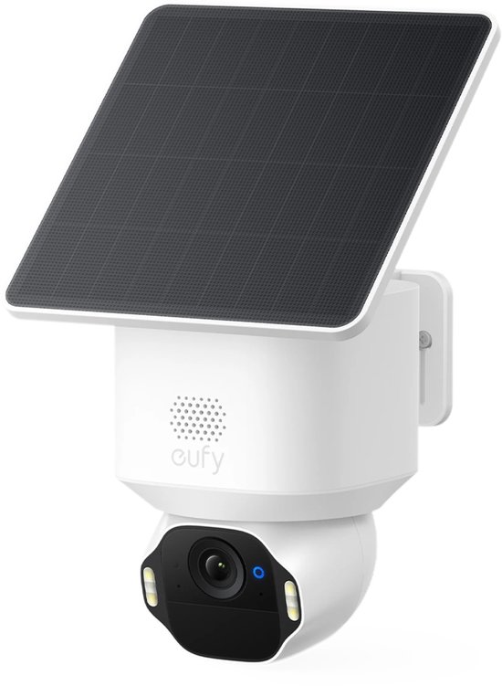 Witte eufy beveiligingscamera met zwarte lens, een kantelbaar zonnepaneel en 360° pan/tilt functionaliteit.