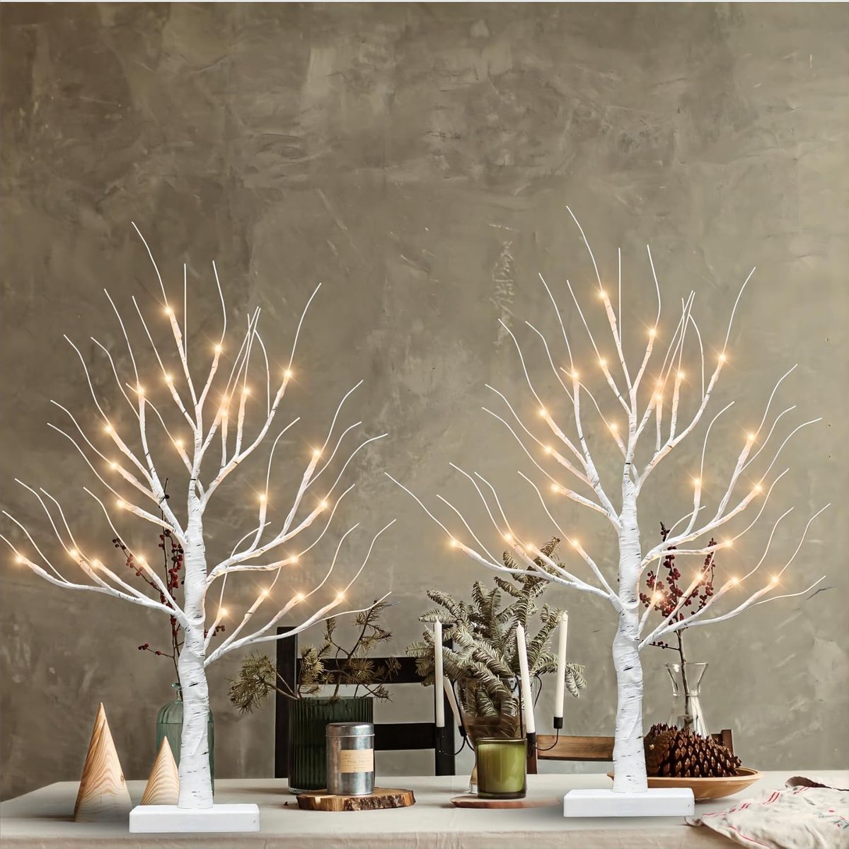 Berkentakboom met warmwitte lampen, 24 ledlampen voor binnen en buiten, thuis, oogstfeest, Kerstmis, vakantie, decoratie, feest, bruiloft (60 cm), 2 stuks