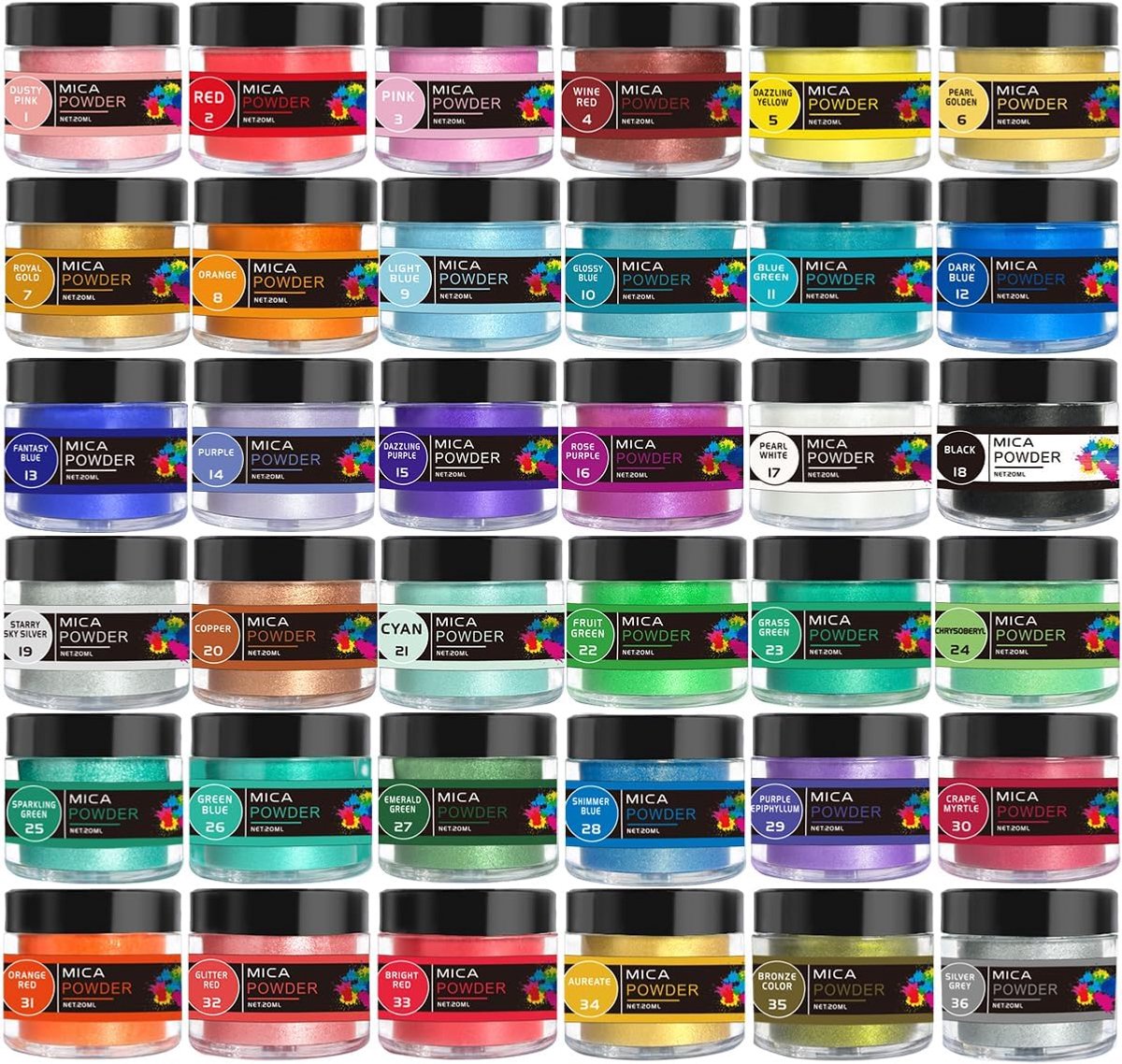Micapoeder Set, 36 Levendige Parelmoer Pigmenten (elk 10g), Cosmetische Kwaliteit Kleurpoeder voor Epoxy Hars, Zeep Maken, Lipgloss, Nail Art, Slijm & Kaarsen, Glimmerpigmenten DIY