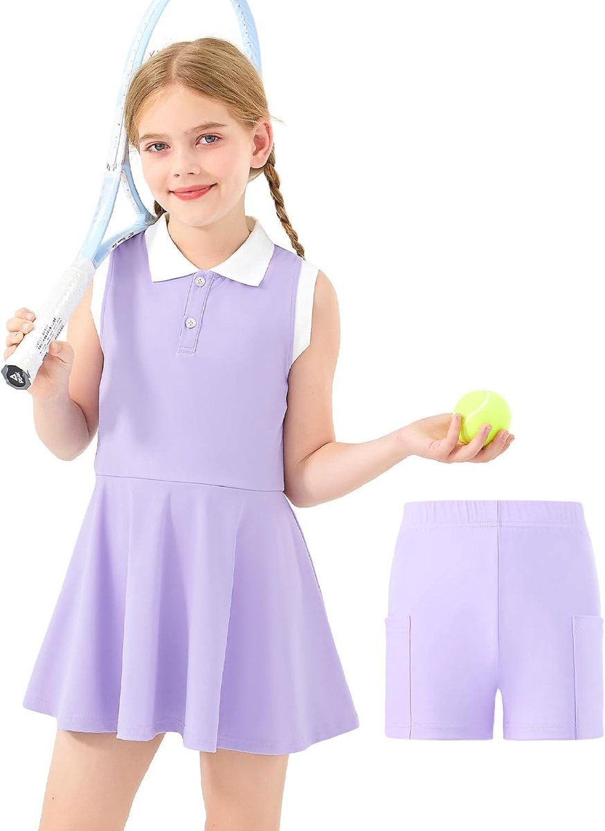 Tennisjurk voor meisjes, met korte broek, mouwloos, atletische jurk, polojurk, golfoutfit met 2 zakken, voor sport-workout