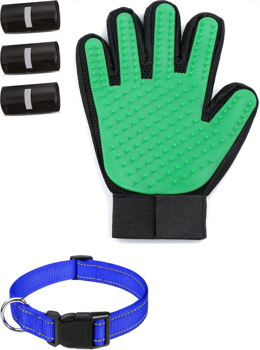 Professor Q Wandelset Hond - Halsband Donkerblauw S 30-40 cm - 45 Poepzakjes - Vachthandschoen Groen