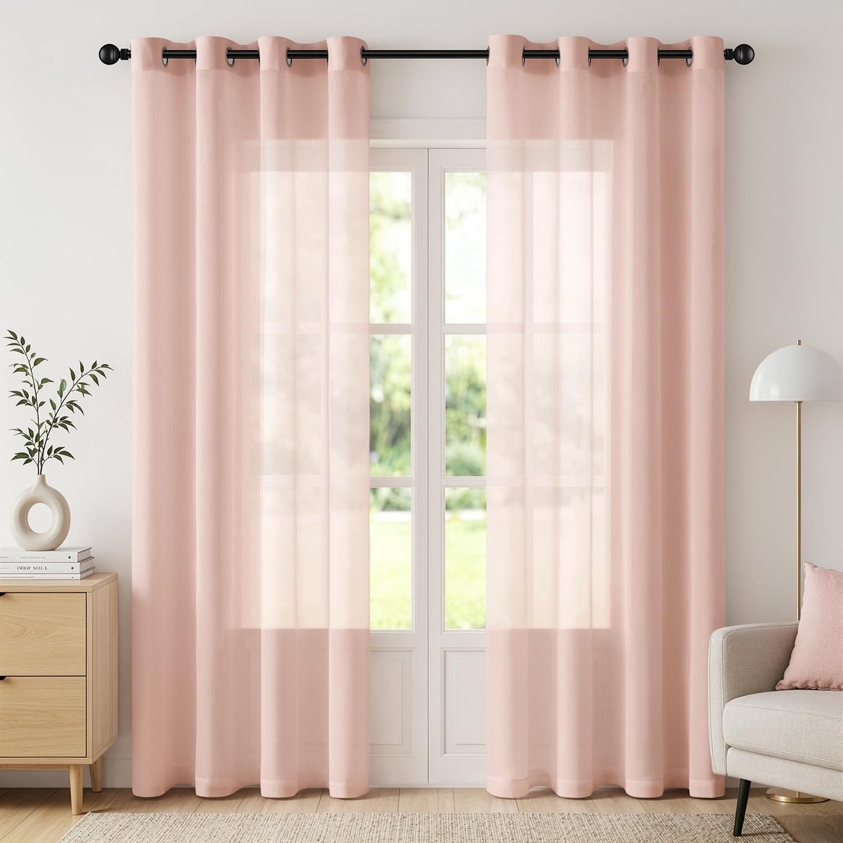 Set van 2 transparante voile gordijnen met ingestanste ringen, 140 x 225 cm (b x h), voor woonkamer, slaapkamer, balkon, keuken, lichtdoorlatend, onderhoudsvriendelijk