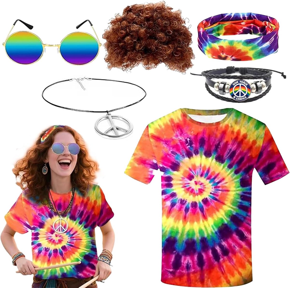 6Tgl Hippiekostuum voor dames en heren, jaren 60 en 70 outfit, kostuumset, carnavalskostuum