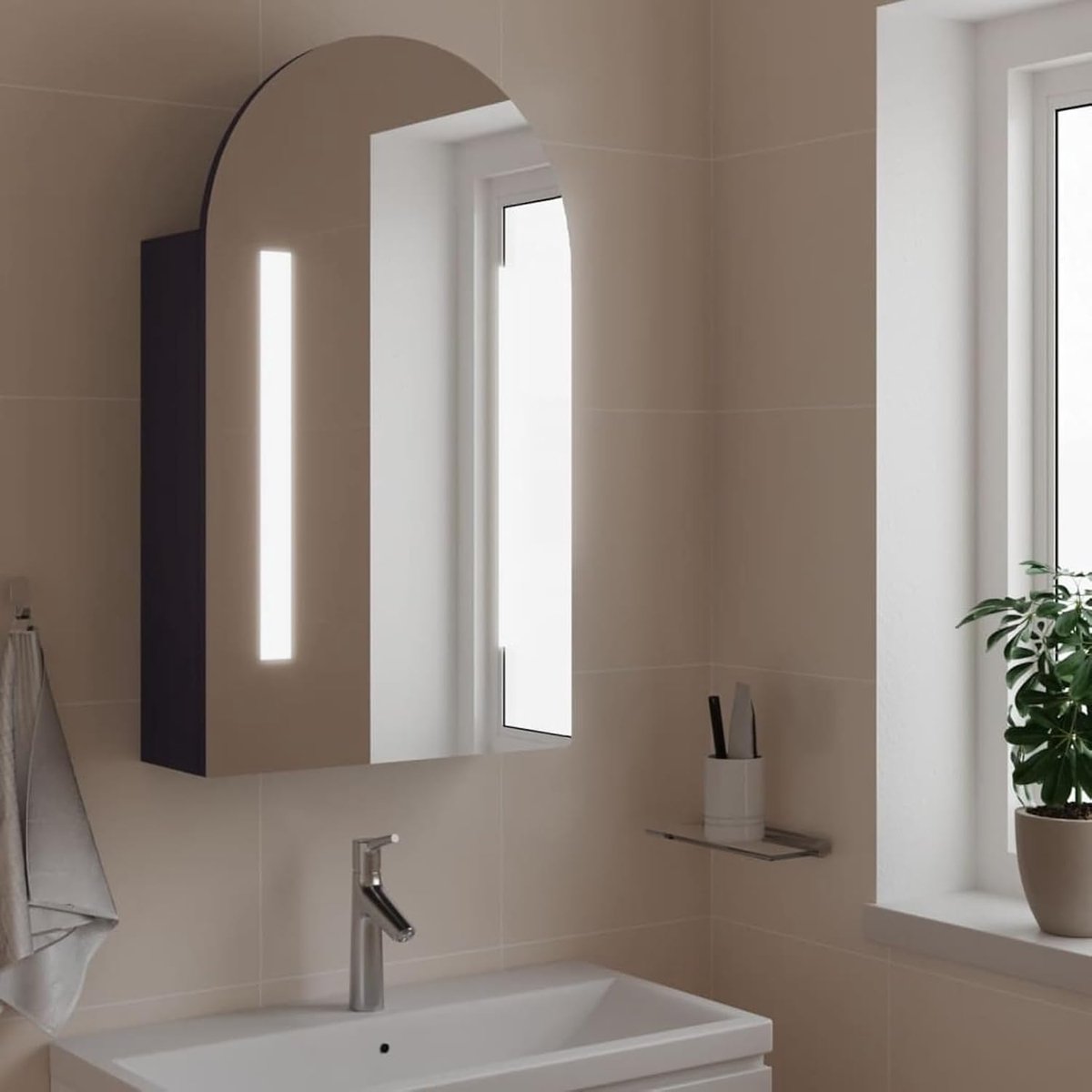 Gewelfd, grijs, 42 cm breed, 70 cm hoog, melamine coating, wandmontage voor badkamer