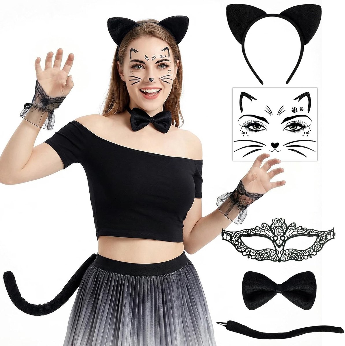Kattenkostuum voor dames, carnavalskostuum, carnavalskostuum voor dames, kattenoren, haarband + staart + vlinderdas + kanten masker + kanten handschoenen + kattentatoeage gezicht, voor fancy dress