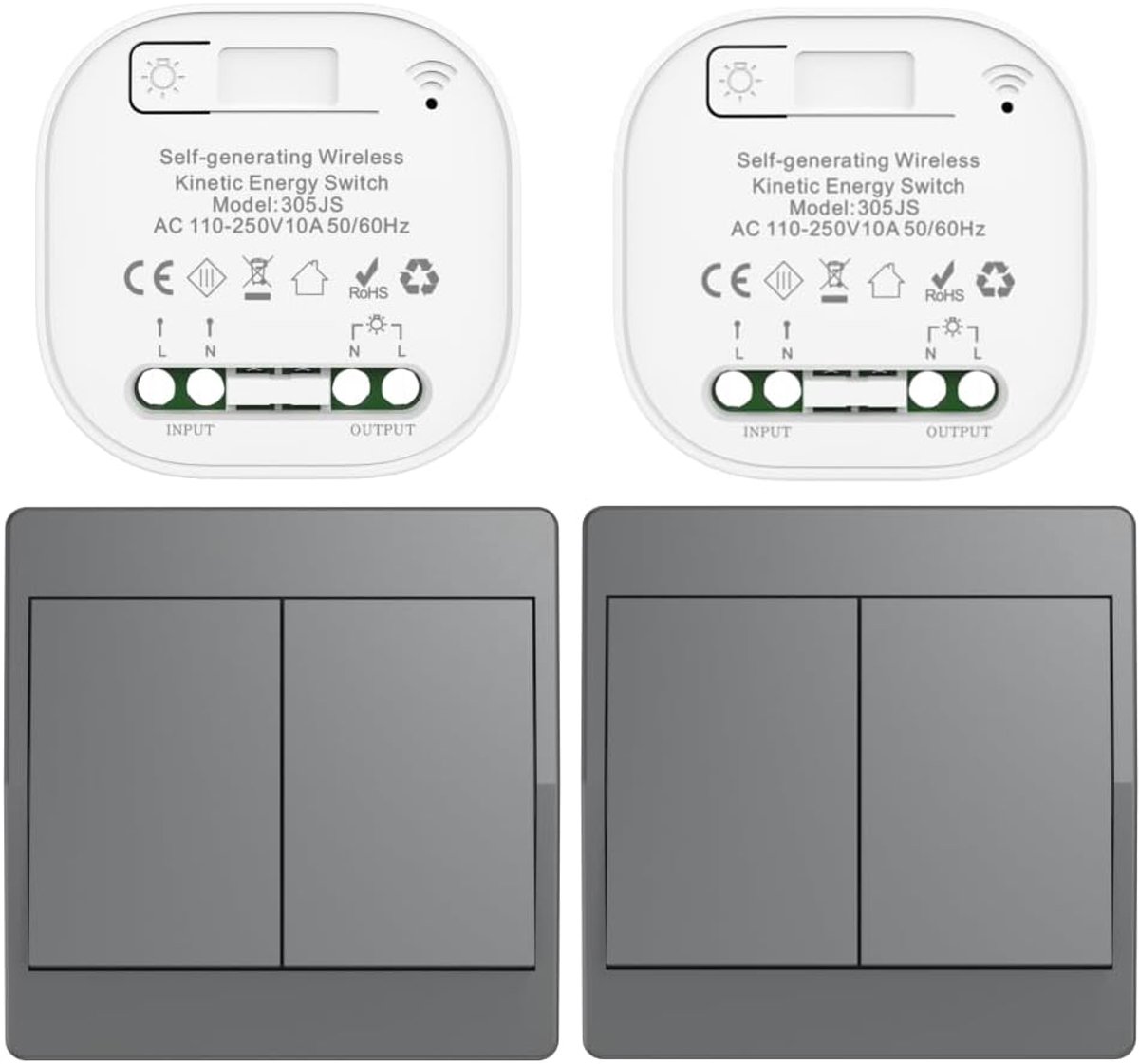 Draadloze kinetische schakelaarset, zelfaangedreven lichtschakelaars RF draadloze kinetische schakelaar batterijloze draadloze radioschakelaars (grijs 2Gang 2V2 EU)