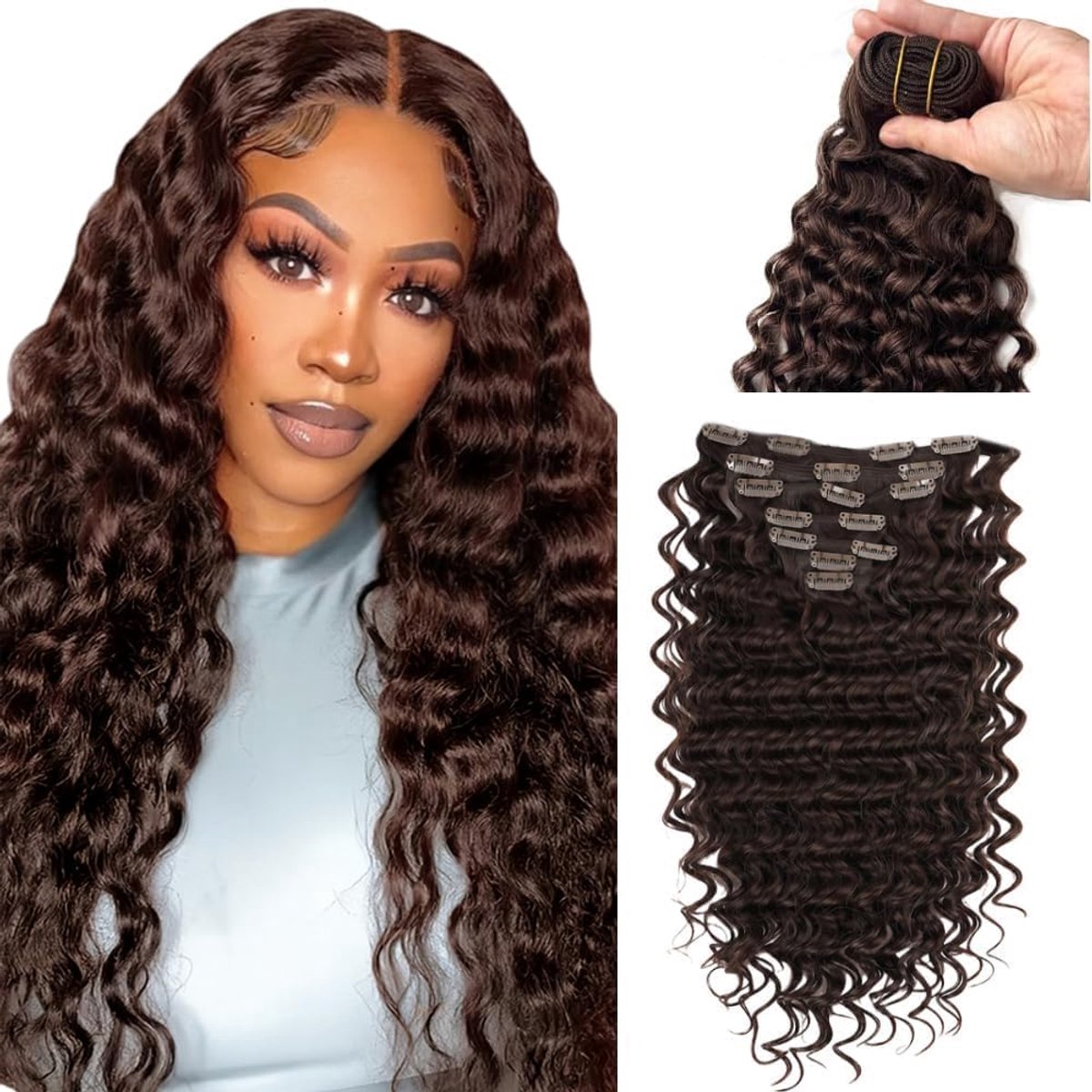 Haar Verlengingsklem Deep Wave #4 Chocolate Brown Unprocessed Double Weft Weave Knotless Soft and Silky For Women Seamless Clip In Hair Extension 7pcs 14Inch/35cm