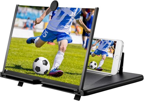 Zwarte schermvergrootglas toont een voetbalwedstrijd in hoge resolutie vanaf een smartphone.