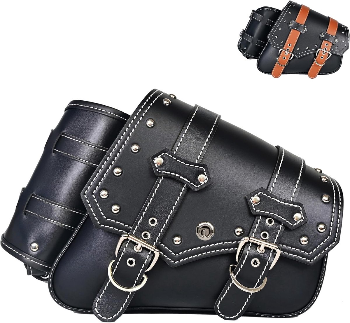 Leer zijzakken|Waterdichte zijschommel armzakken|Side Tool Bag|Universele Opberggereedschapstas voor motor|met bekerhouder|Tweekleurige riem|1 Stks | Rechts
