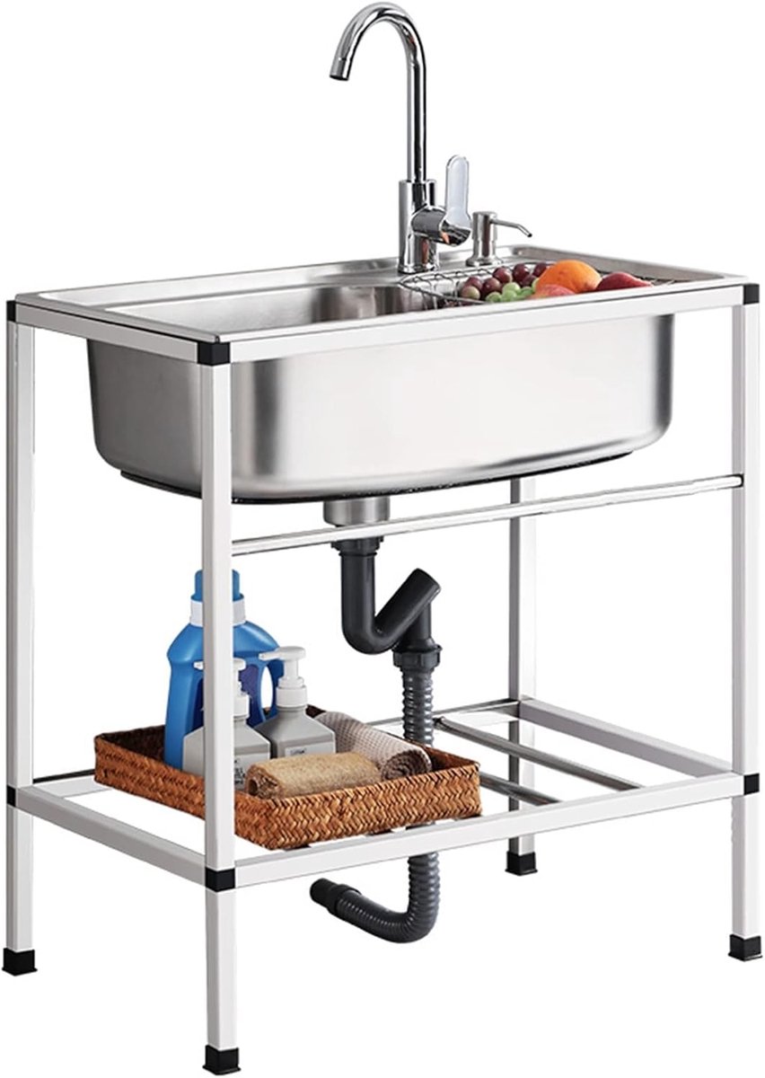 Enkele kom aanrecht met standaard vrijstaande commerciële restaurant utility sink set met afvoer mand & warme en koude kraan voor wasgoed achtertuin garage buiten