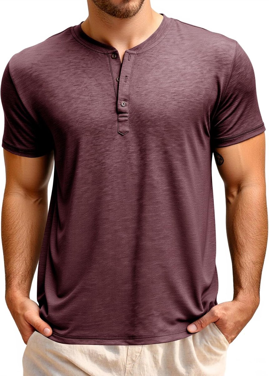 Heren T-shirt korte mouwen Henley shirt zomer regular fit bovendeel mannen ronde hals effen basic hemd casual tee tops met knoopsluiting
