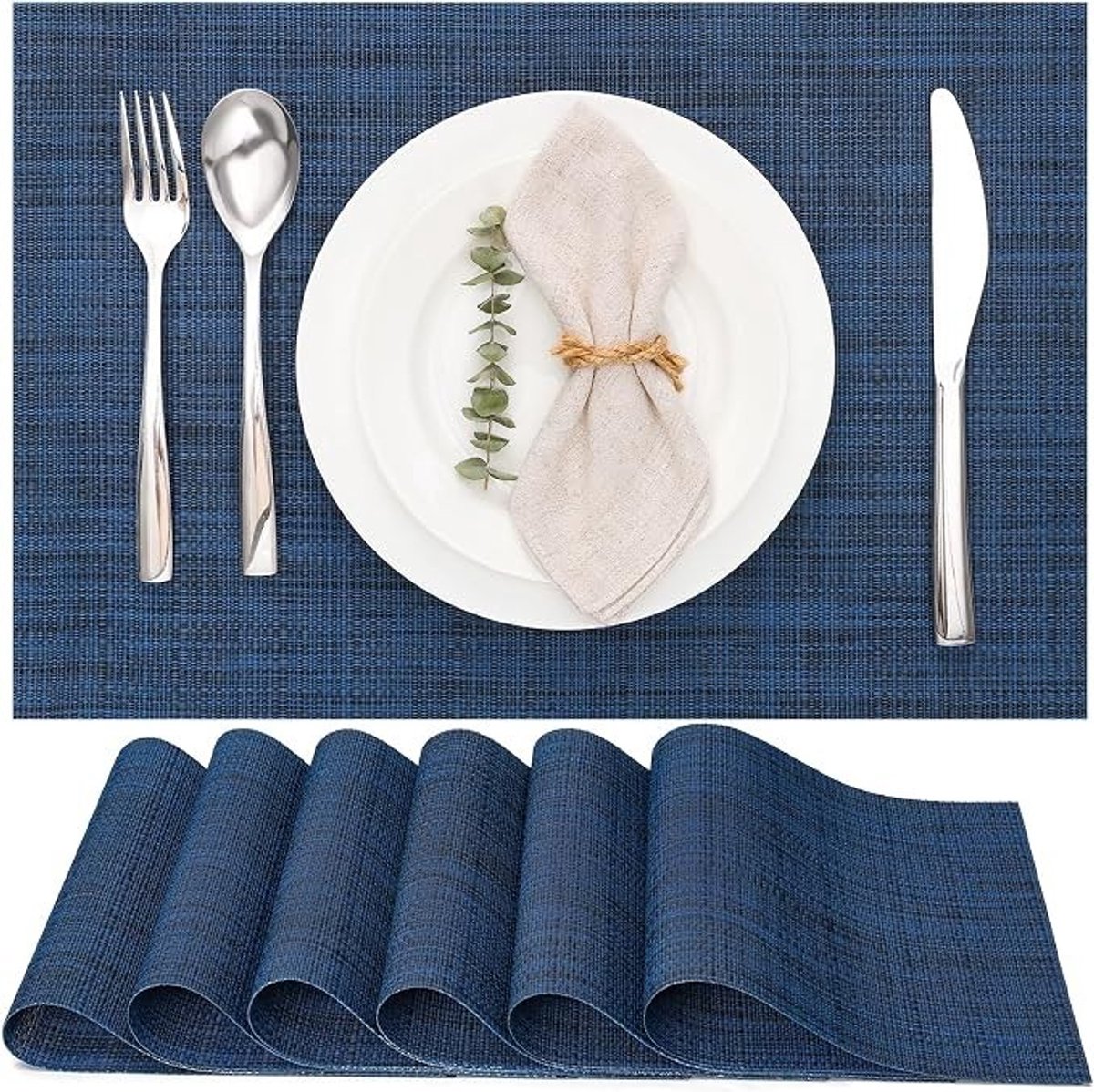 Livatto Placemats Set van 6 – Geweven Vinyl, Wasbaar en Hittebestendig, Donkerblauw