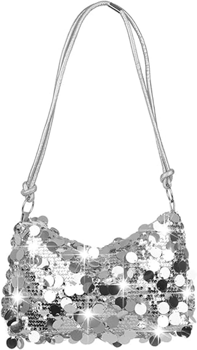 Dameshandtas met pailletten, glinsterende schoudertas voor de avond, handtas in zilver en zwart met glitter, Y2K-stijl, ideaal voor bruiloften en feesten