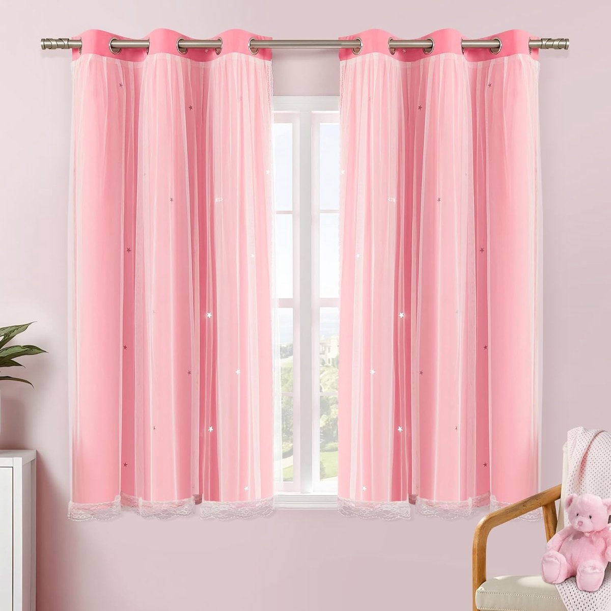 Verduisteringsgordijn voor slaapkamer dubbellaags 86 x 137 cm van polyester met voile sterrendesign schuifdeur meerkleurig roze 86/137