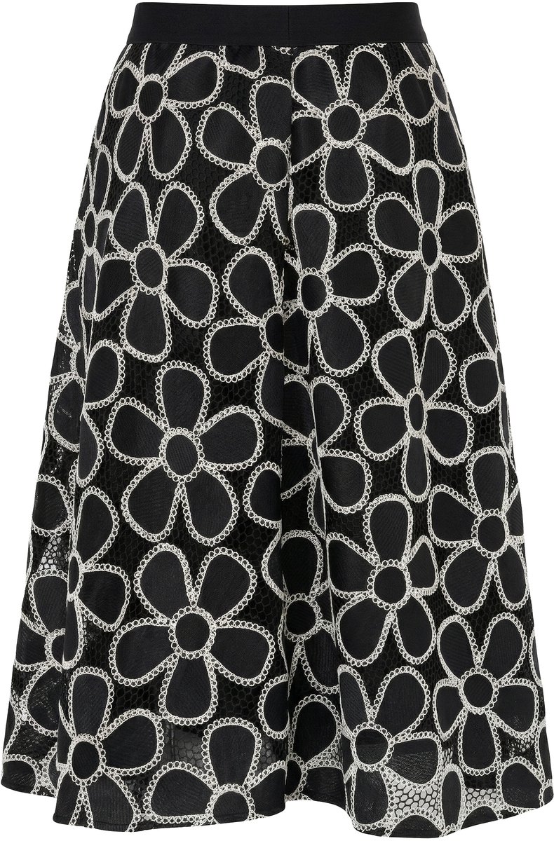 Ulla Popken - Dames - Midi rok kant A-lijn elastische tailleband - Zwart - Maat 46+