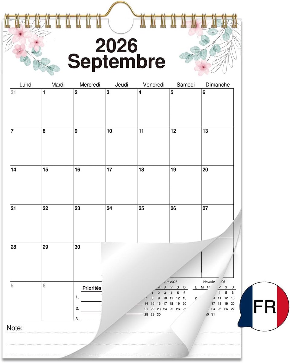2026-2027 A4 vanaf september 2026 Frans aquarel bloemenpatroon
