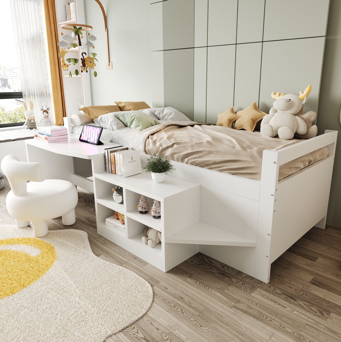 WUVRIE Kinderbed 90x200 cm met bureau, opbergvakken, USB-aansluitingen en stopcontact, wit