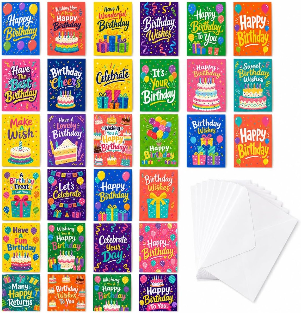 heldere vrolijke verjaardagskaarten voor kinderen en volwassenen, A6 vouwkaarten op 300 g/m² parelmoer sprankelend karton met witte enveloppen voor mannen, vrouwen, jongens