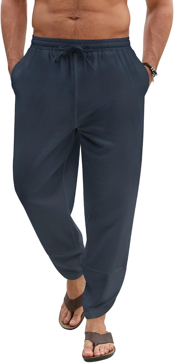 Zomerbroek voor heren, brede katoenen broek, casual, voor het strand, lichte broek met losse pasvorm, chinobroek met elastische tailleband en brede pijpen met zakken
