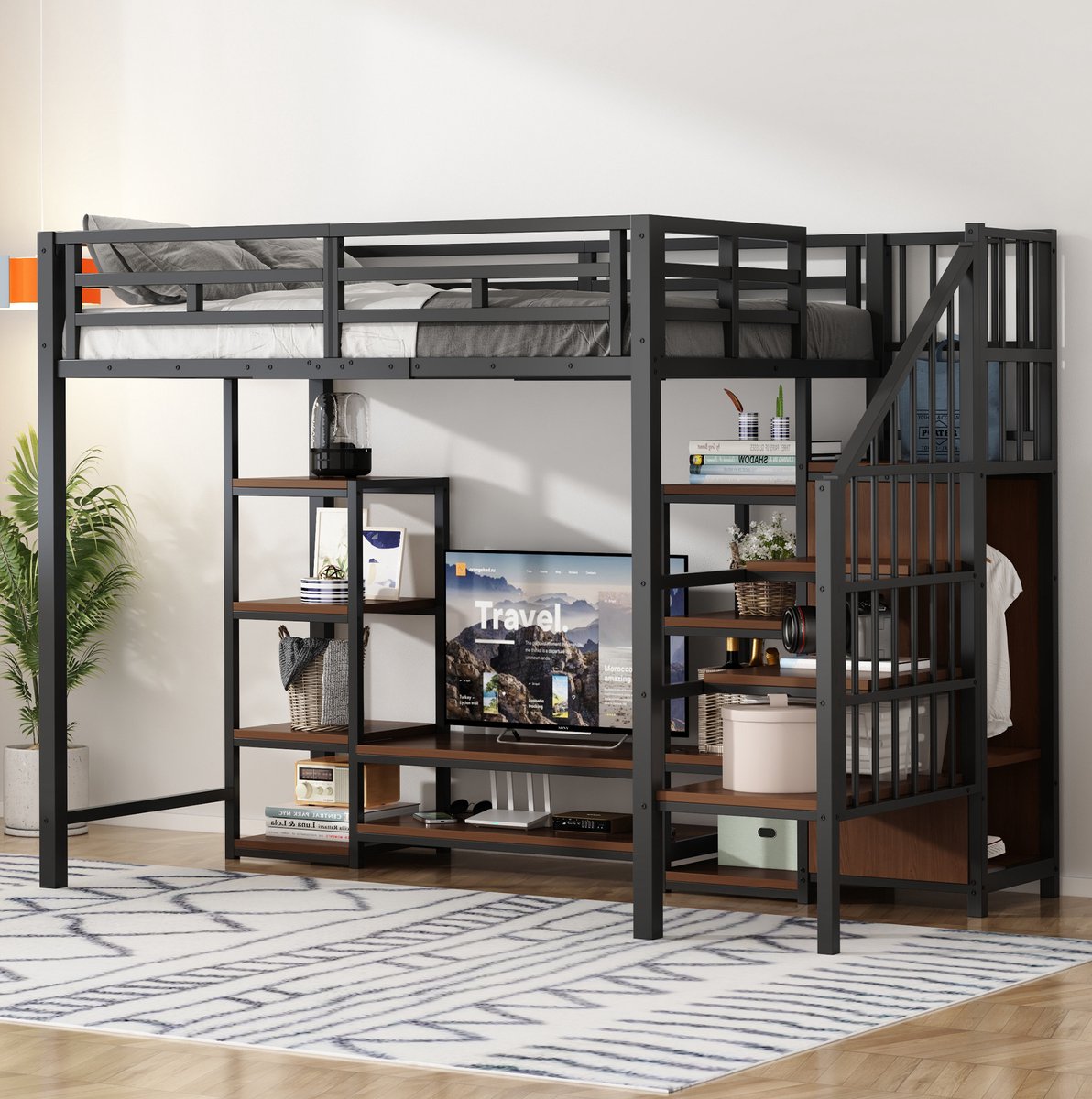 WUVRIE Hoogslaper 90x200 cm met tv-standaard, stopcontact en opbergladder, metaal en MDF, zwart