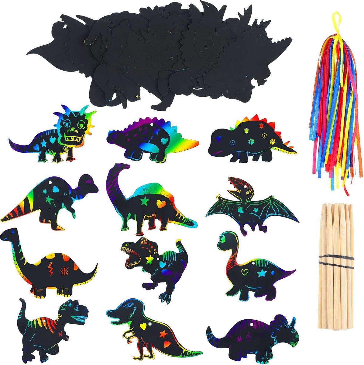 120pcs Scratch Dinosaur Craft Art Kits for Kids with 48 Scratch Dinosaur Paper24 Wooden Styluses and 48 Ribbons for Theme Birthday Party Game Supplies