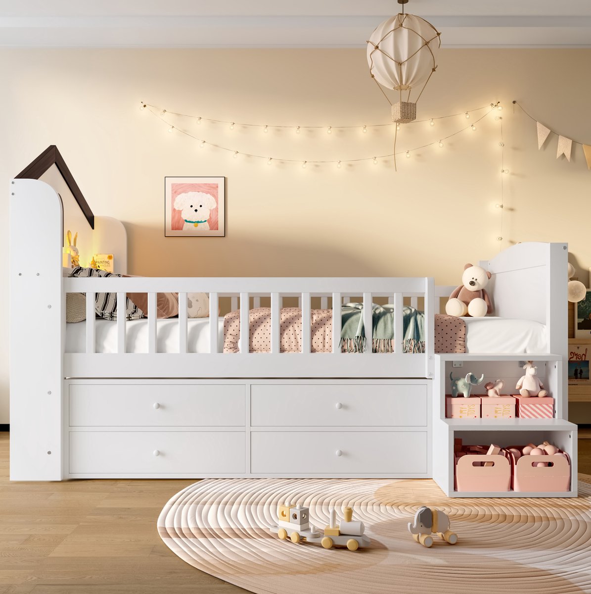 WUVRIE Halfhoogslaper 90x200 cm met huisvorm, 4 lades, opbergladder en LED-verlichting, wit
