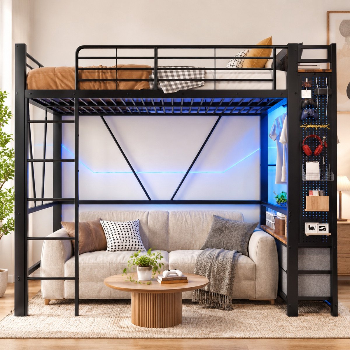 WUVRIE Hoogslaper 90 x 200 cm met 4 lades, LED-verlichting, USB en Type-C aansluiting, zwart