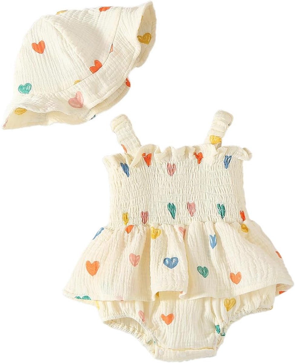 Zomerjurk voor babymeisjes, outfit hart/bloemenpatroon, boho, katoen-linnen jurk en hoed voor pasgeborenen, fotoshoot, outfits voor vroegtijdige peuters