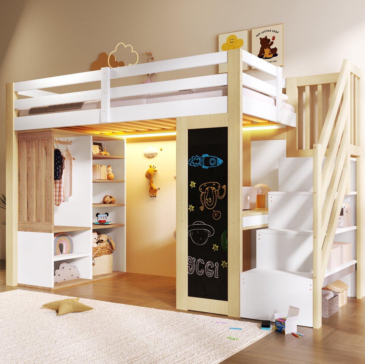 WUVRIE Hoogslaper 90x200 cm met bureau, kast, opbergtrap, krijtbord en LED-verlichting, wit/naturel