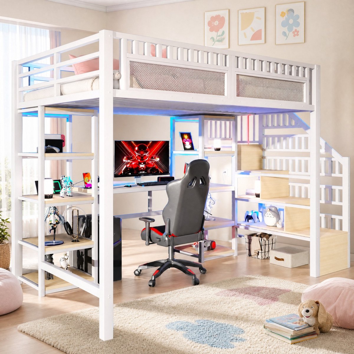WUVRIE Hoogslaper 140 x 200 cm met bureau, opbergtrap, LED-verlichting en USB-aansluitingen, wit
