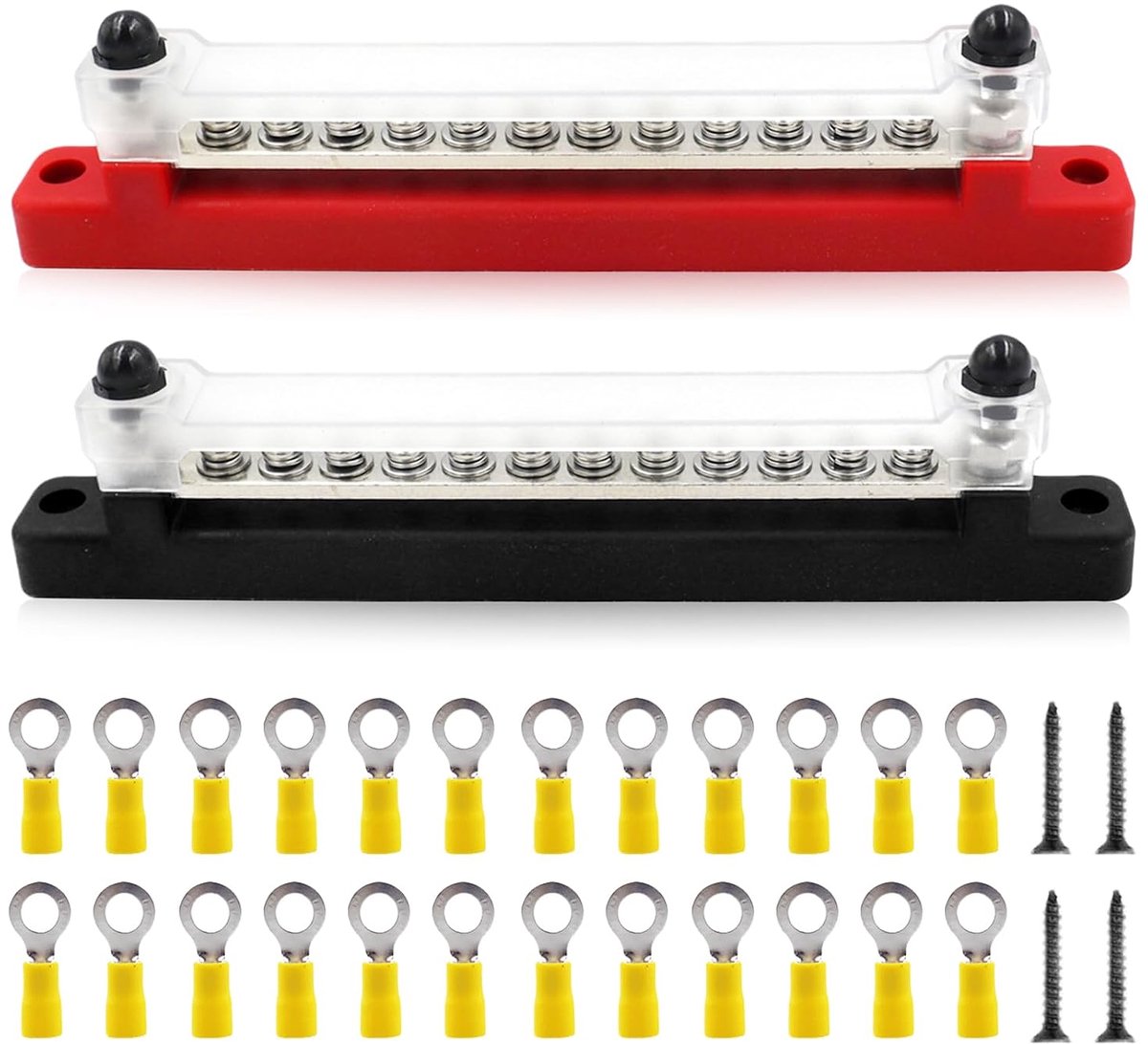 Verdelerblok, 2 stuks, 150 A verzamelrail-schroefklem, stroomverdelingsblok, busbar met 24 x M4-aansluitbouten, voor bus, auto, boot, camper, 12-polige enkele rij, rood, zwart