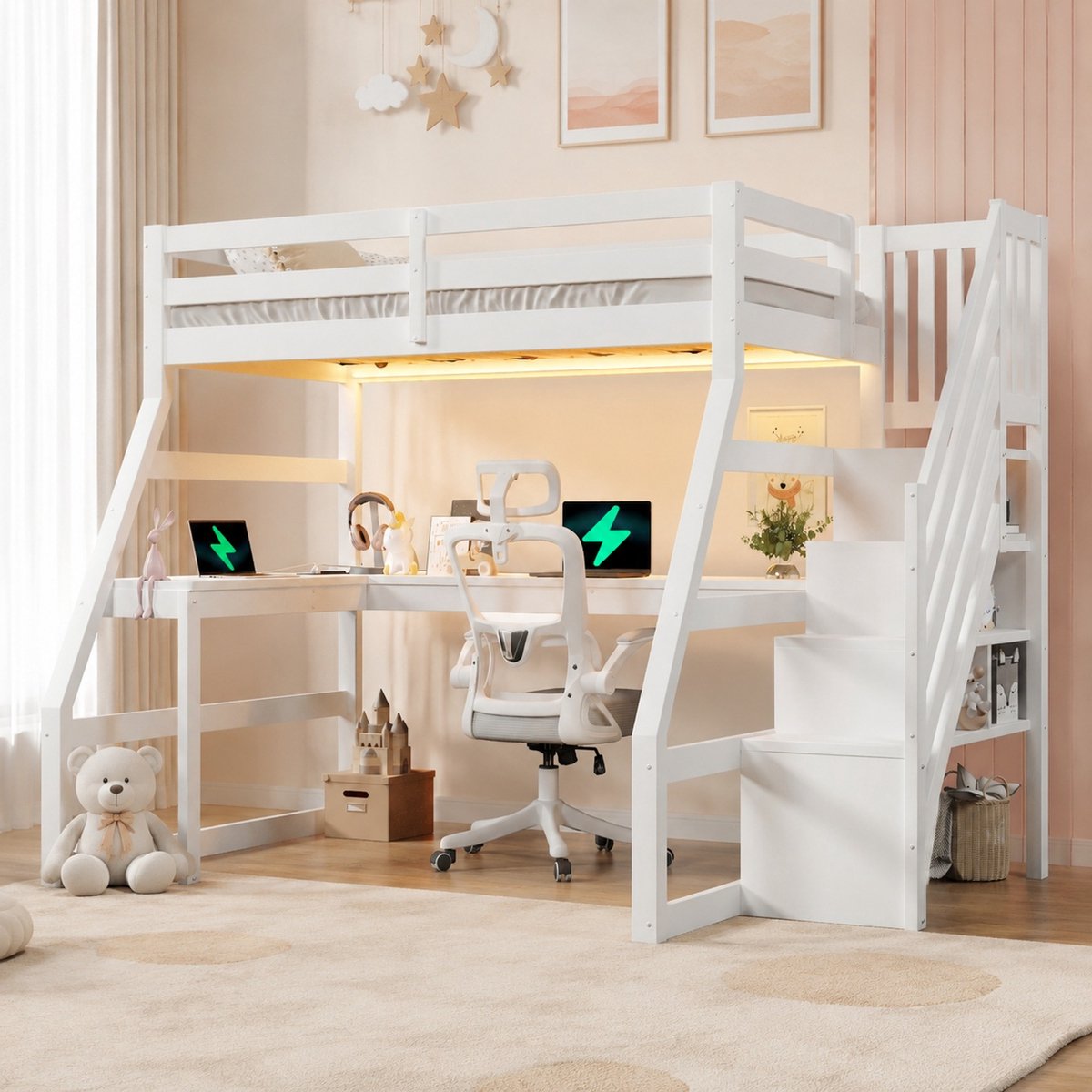 WUVRIE Hoogslaper 90x200 cm met bureau, LED-verlichting, USB-aansluiting en opbergtrap, wit