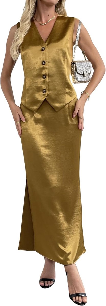 2-delige outfits voor dames, lange maxi-rokset, glanzend, zijdeachtig, vest, pak, zakelijk, casual, formele sets