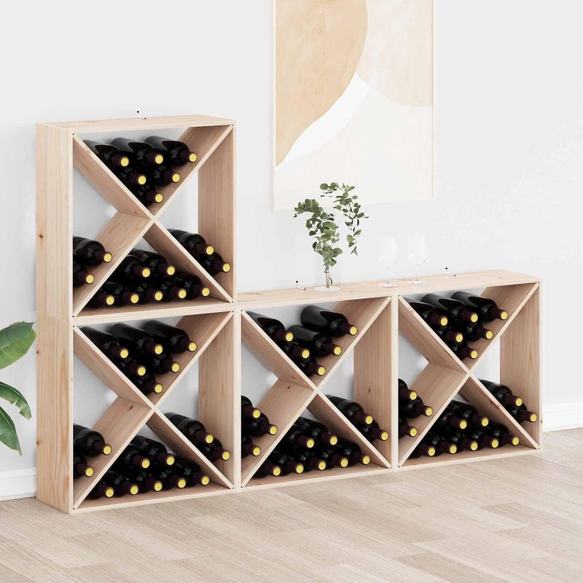 Wijnrek set van 4 massief grenenhout 62 x 25 x 62 cm wijnstandaard voor wandmontage voor keuken en woonkamer