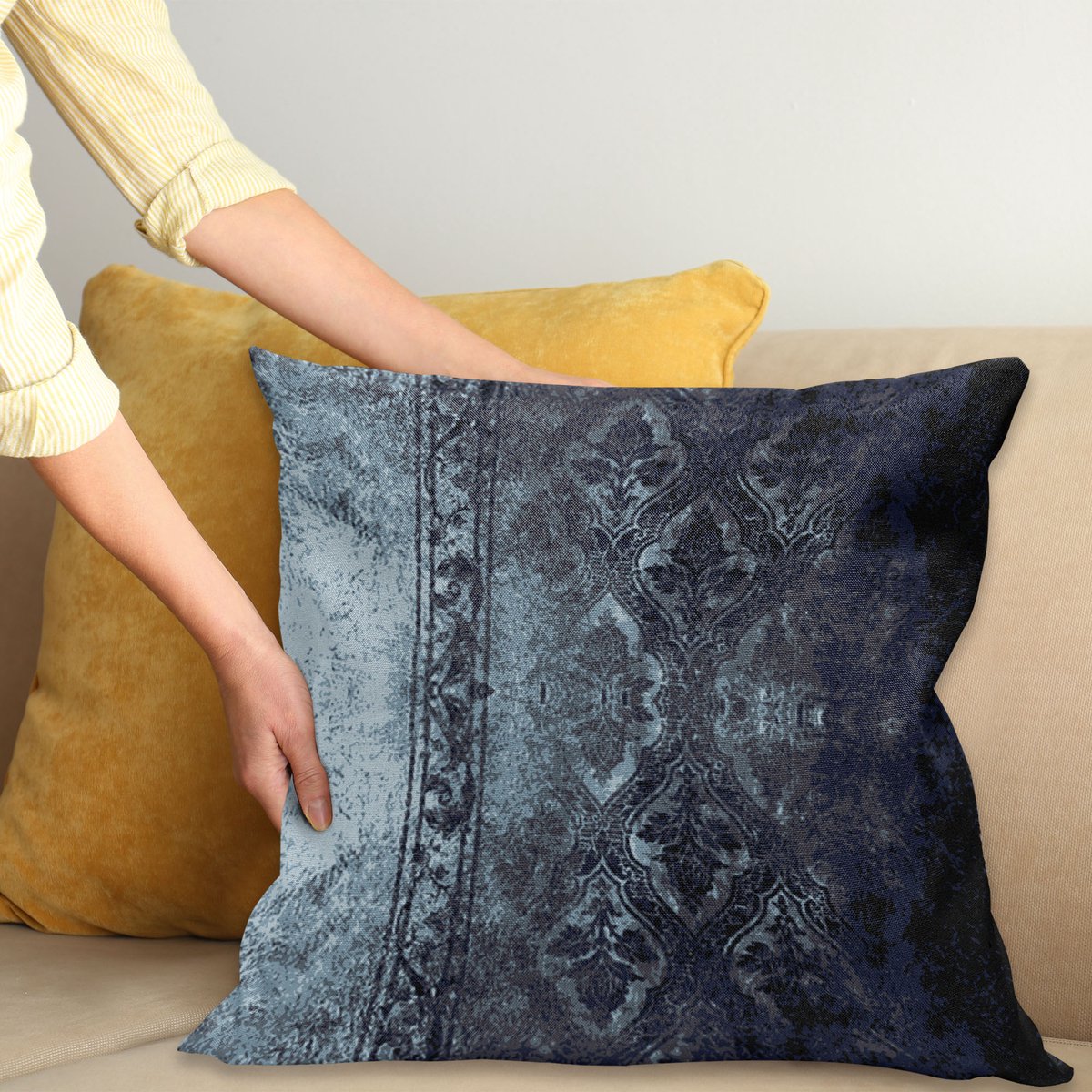 ABAKUHAUS Abstract Sierkussenhoes, Grunge Texture Oud Mode Stijl Dusty Effect Retro Kunstwerk Print, Decoratieve Vierkante Sierkussenhoes, 45 x 45 cm, Donkerblauw