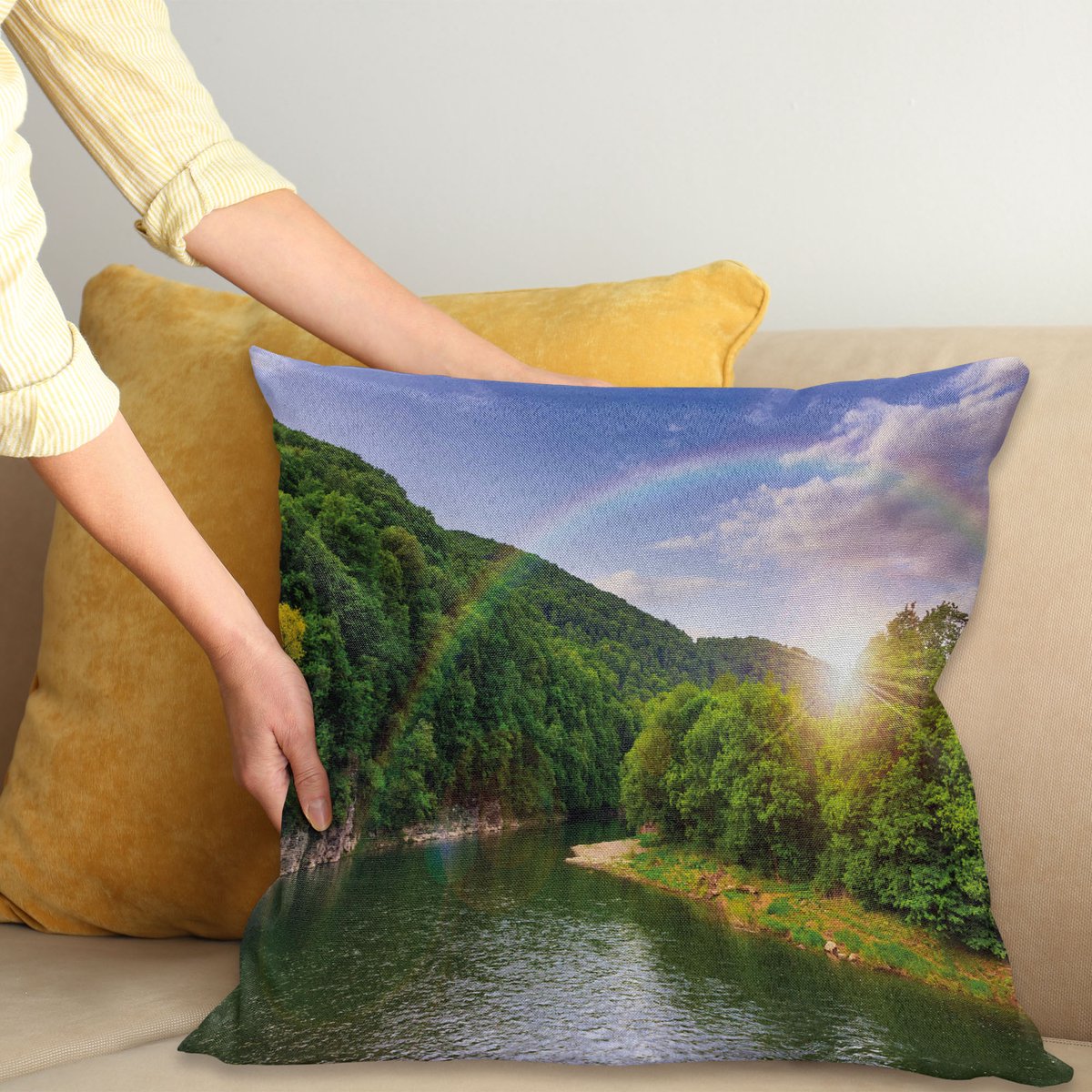 ABAKUHAUS Natuur Sierkussenhoes, Zomer Scene by Berg Valley met Regenboog Over de Meer Sunny Dag Afbeelding, Decoratieve Vierkante Sierkussenhoes, 50 x 50 cm, Groen Blauw