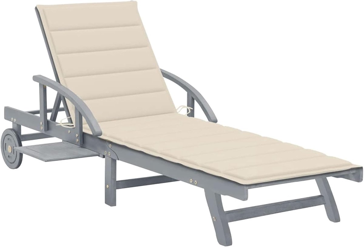 Ligstoel met 2 wielen en kussens, tuinstoel, verstelbare rugleuning, terras, zwembad, strand, opvouwbaar, massief hout, crème