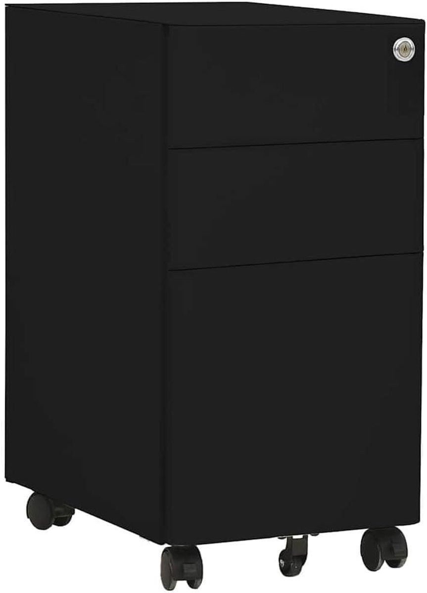 Aktenkast met wieltjes, zwart, mobiele kantoorkast van staal met 3 laden en slot, rolcontainer voor kantoor en thuiskantoor, 30 x 45 x 59 cm