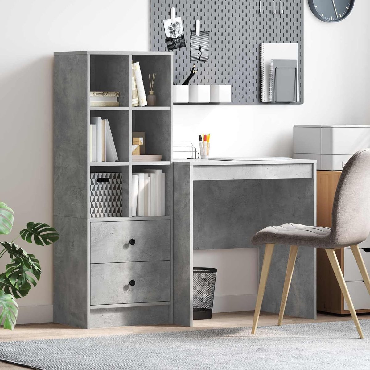 Bureau van hout met groot werkblad en planken, bruin, voor kantoor en thuiskantoor, eenvoudige montage