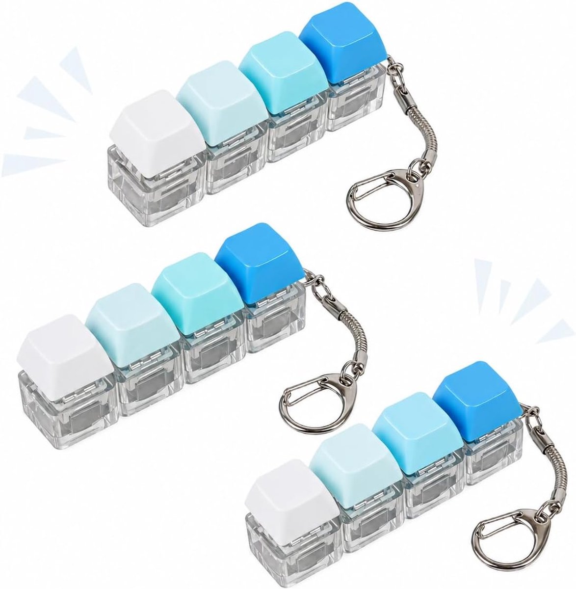 3 Stuks Mini Toetsenbord Sleutelhanger met 4 Toetsen, Pastelblauwe Toetsenkappen Verwisselbaar en Herpositioneerbaar, Lineaire Schakelaars, Mechanisch Toetsenbordaccessoire met Sleutelring