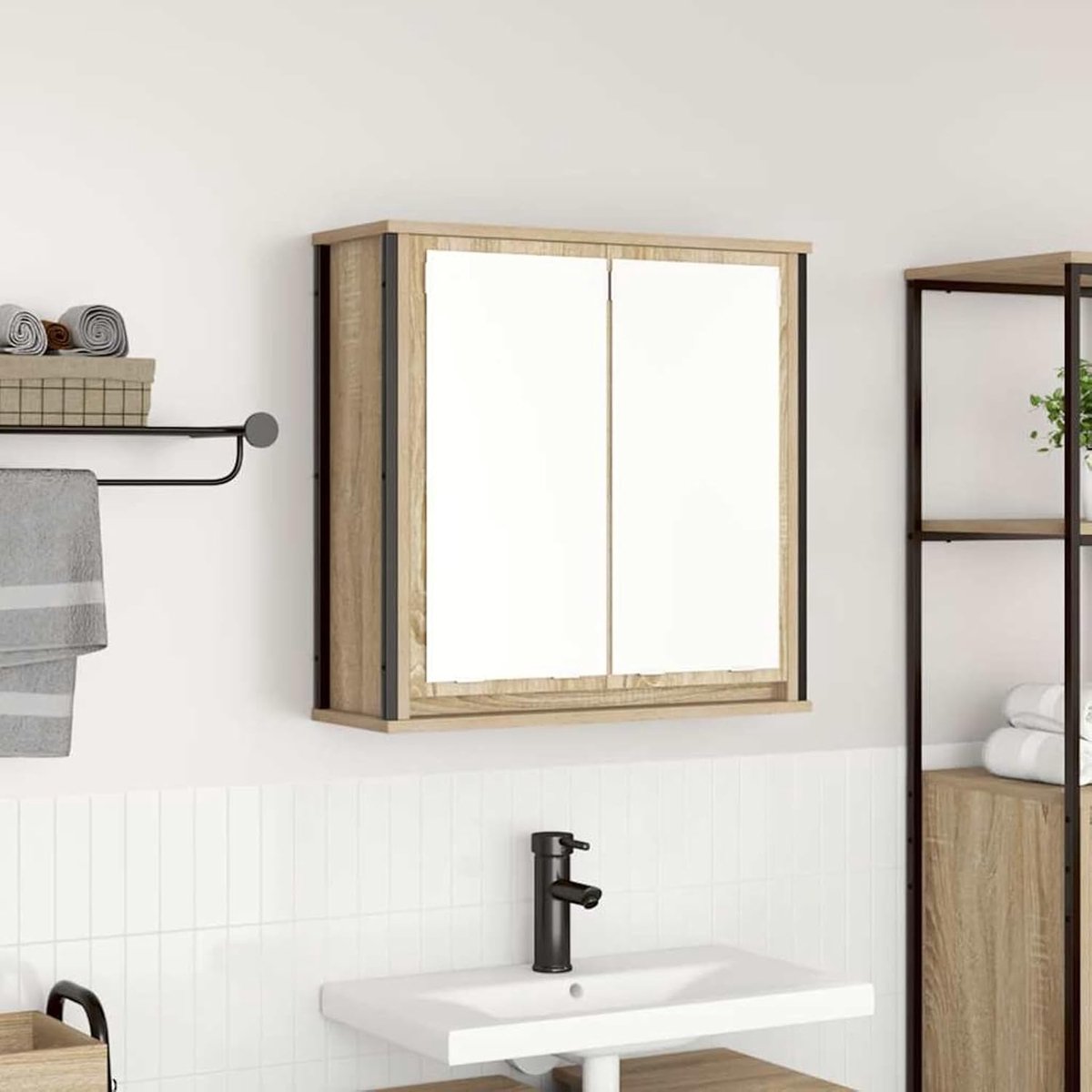 Badkamerkast met spiegel, houtmateriaal/staal, 60 x 21 x 60 cm, 2 spiegels, ruimtebesparend voor kleine badkamers