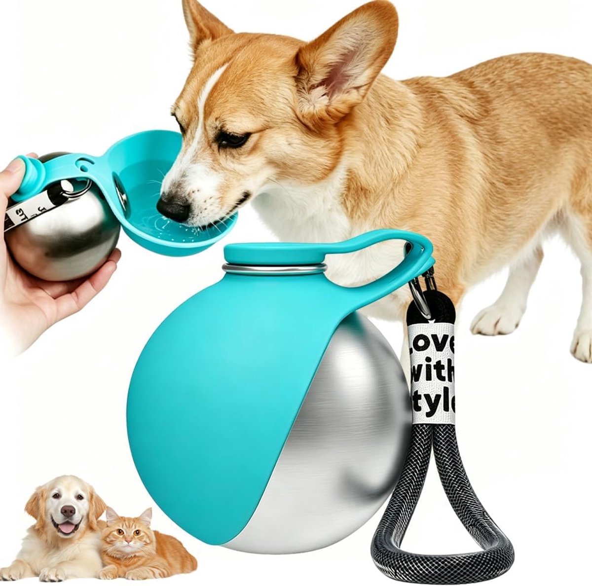 Drinkfles voor honden voor onderweg, 285 ml, drinkfles voor honden, voor onderweg, lekvrije reisdrinkbak voor katten, met opvouwbare siliconen bak voor wandelingen, reizen, wandelen (blauw)