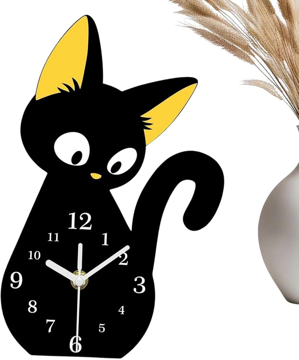Klok Voor Op Bureau Decoratieve Zwarte Kat Vorm Analoog Niet Tikkend