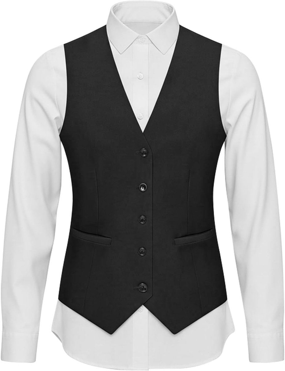 Kostuumvest voor heren, zwart, elegant slim fit, formeel vest, bruidegom-smokingvest met 5 knopen en zakken