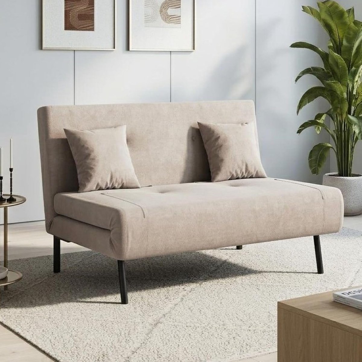 120 cm, bank met slaapfunctie, 2 lendenkussen, verstelbare rugleuning, bedbank van stof, kleine klapbank voor woonkamer, slaapkamer, kaki fluwelen look