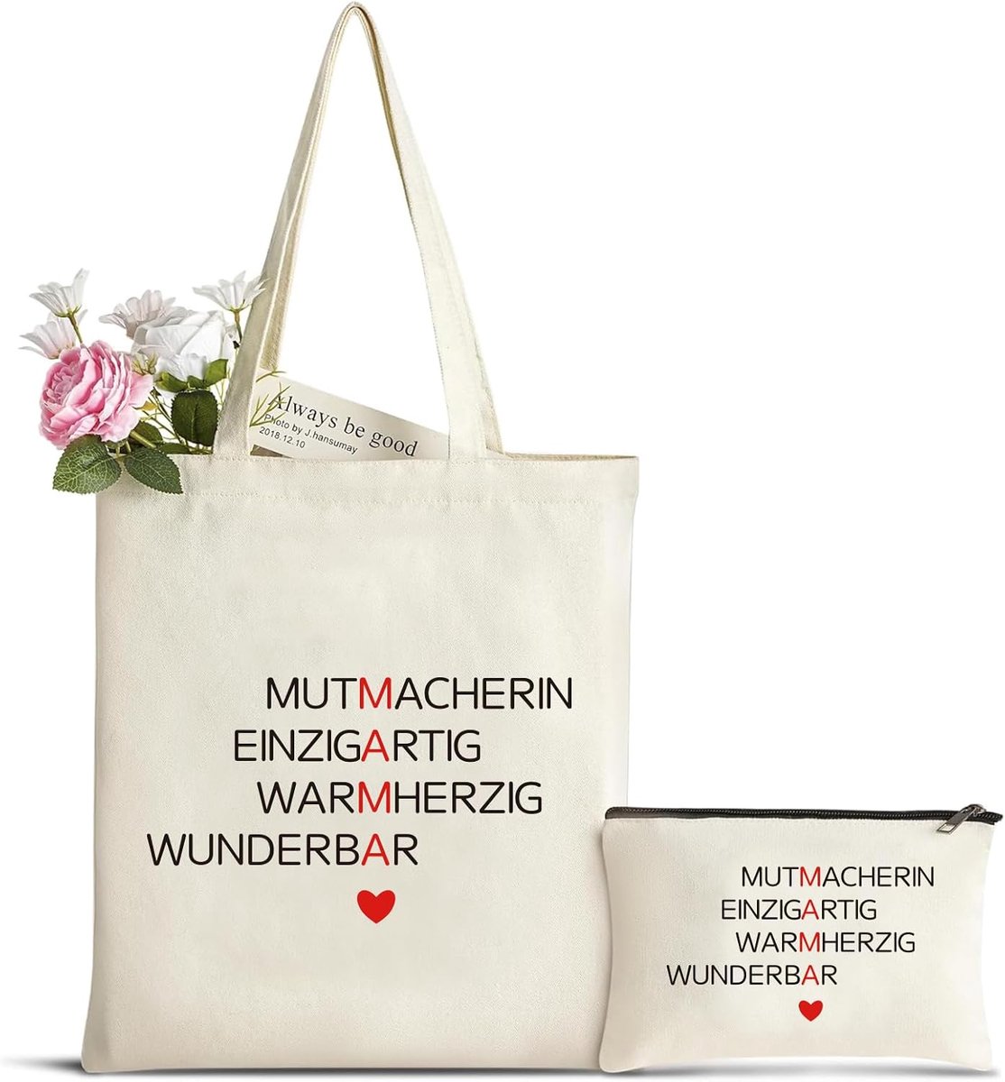 draagtas met make-uptas, katoenen boodschappentas, stoffen tas, shopper, dames, tote bag, handtas, cadeau-idee voor moeder voor verjaardag, Moederdag, Kerstmis