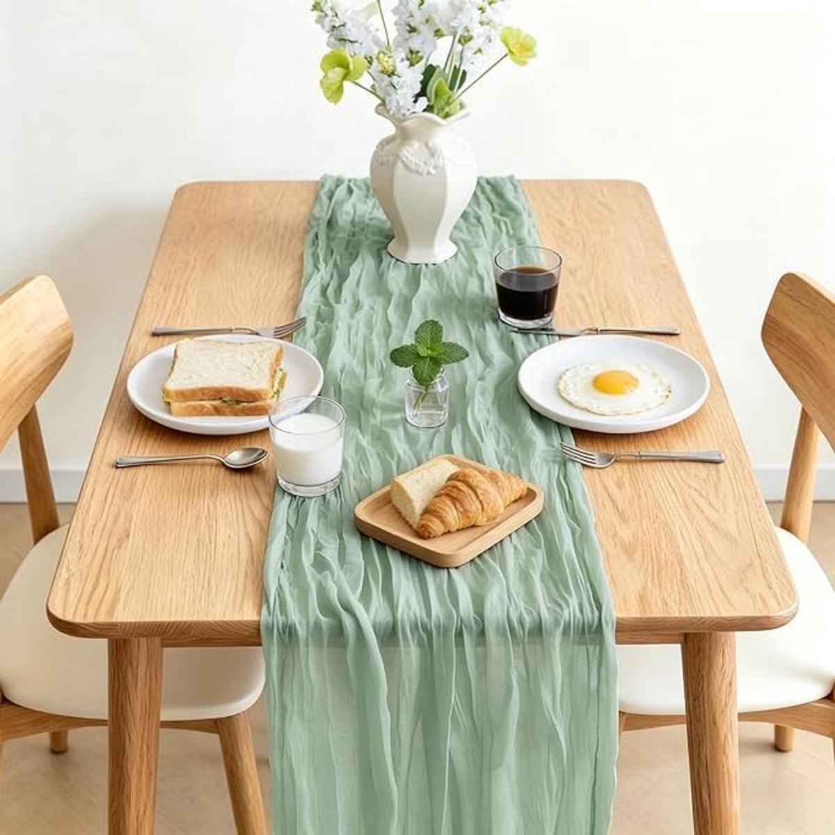 Livatto Kaasdoek Tafelloper Saliegroen 300 x 90 cm – Boho Gaas Tafelloper voor Bruiloften en Feesten