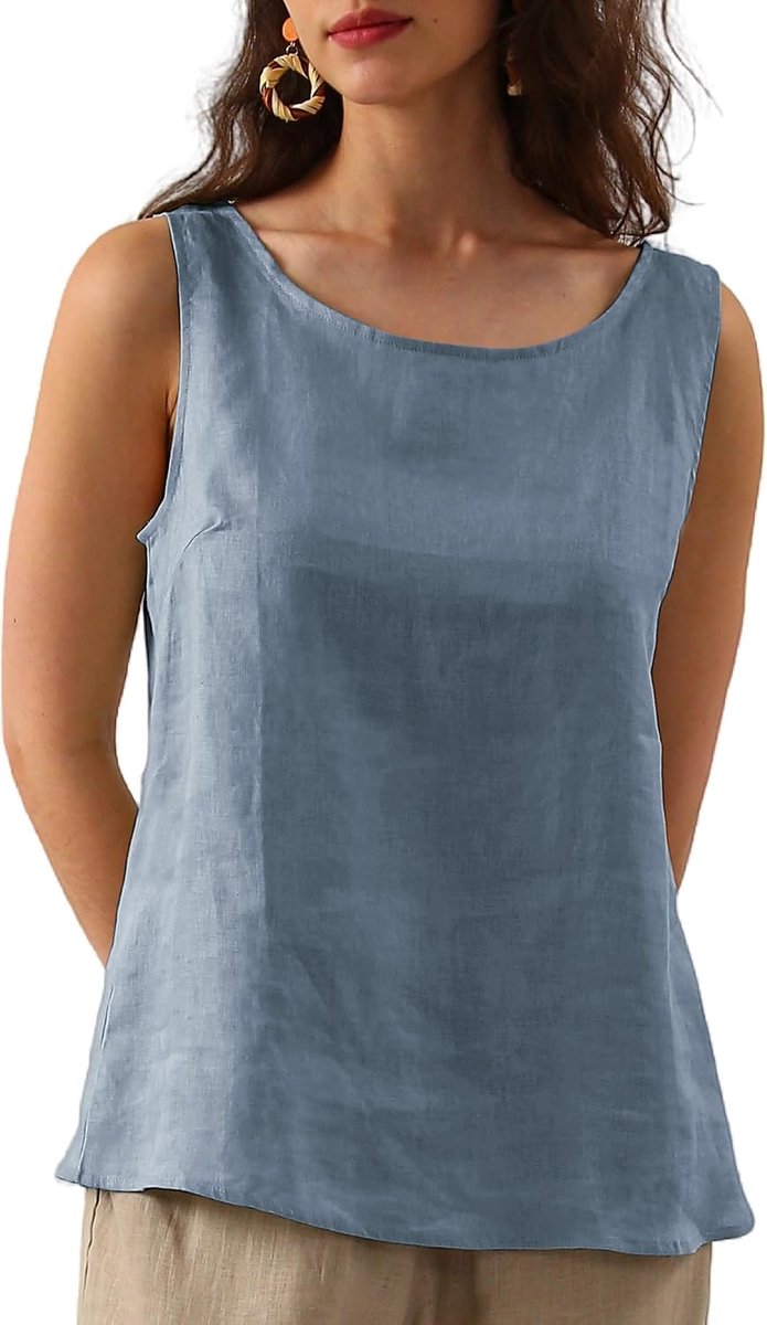 Linnen top voor dames, zomer crop tanktop, mouwloos T-shirt ronde hals blousetops, casual los vest bovendeel