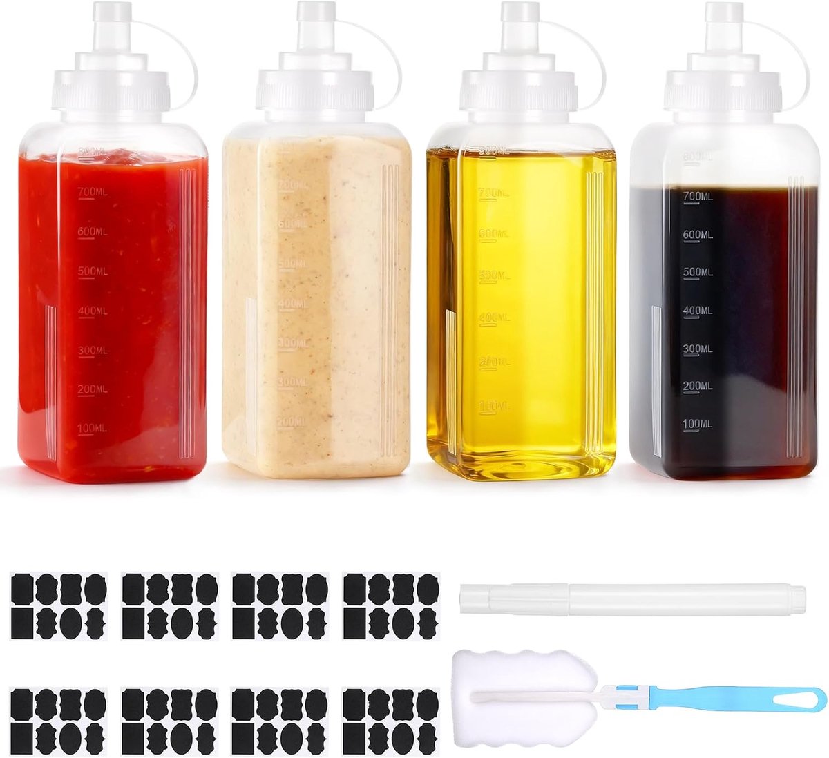 800 ml grote plastic knijpflessen met sproeikoppen, set van 4 vierkante sausflessen, voedselveilige knijpfles voor sauzen, ketchup en saladedressing