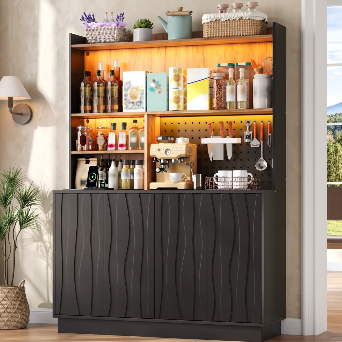MODENUIT Keukenkast 120 x 43 x 160 cm - Ledverlichting En Stopcontacten - Keuken - MDF - Zwart Natuurlijk